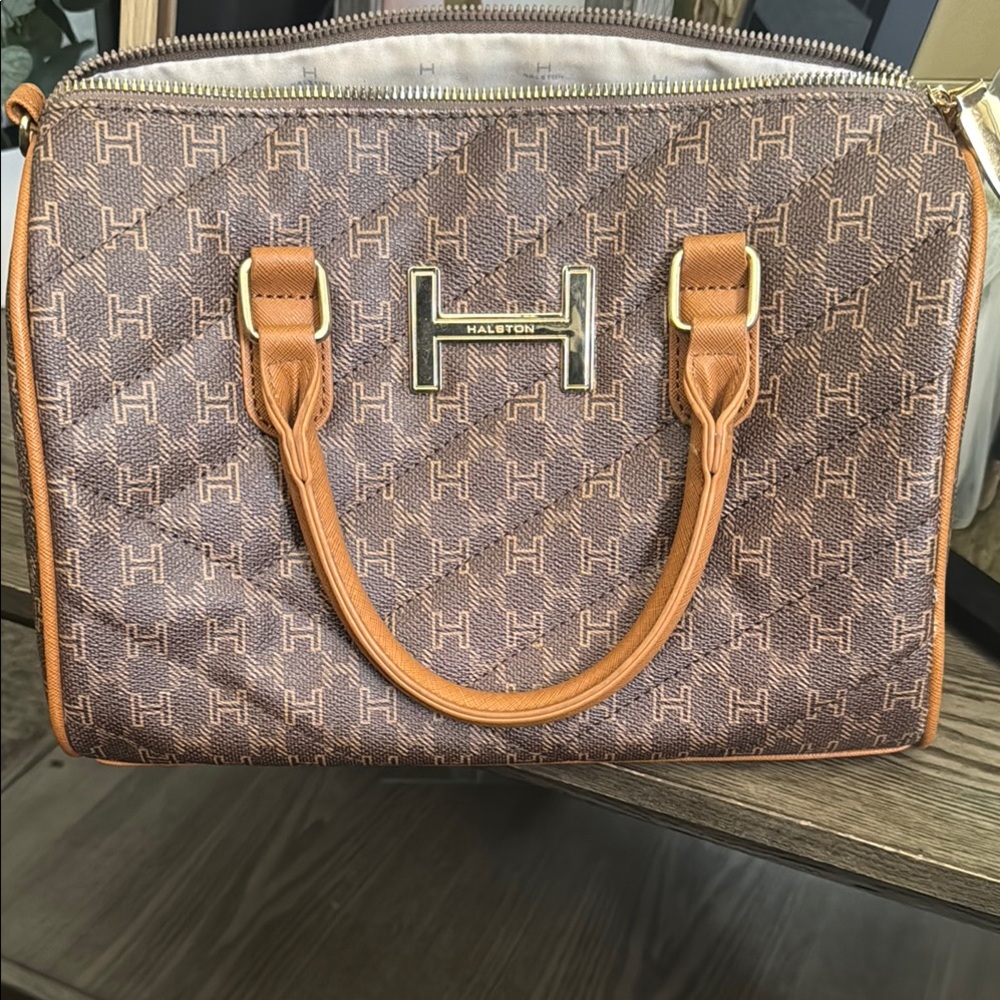 Halston Heritage Tan Monogram Satchel